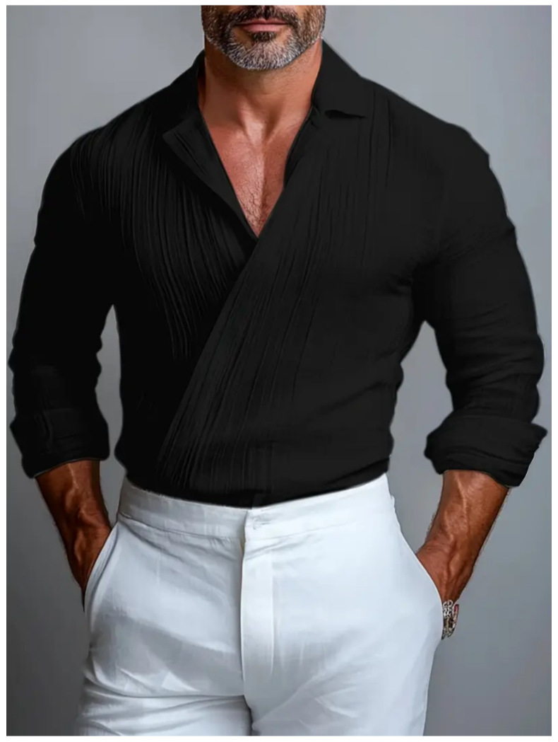 Men's Textured Crossover V-Neck Long Sleeve Pullover Shirt