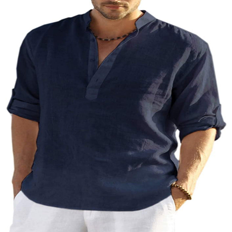 Men's Cotton-Linen Blend Henley Shirt, Casual Roll-Up Long Sleeve V-Neck Top