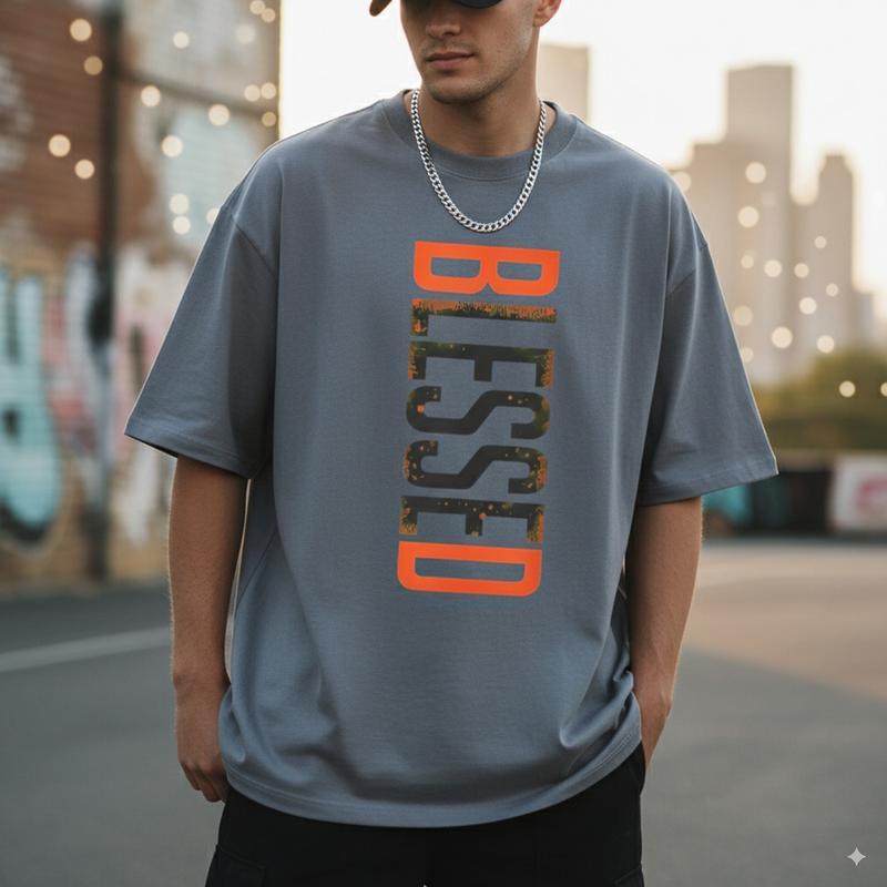 Men's  Cotton "BLESSED" Graphic T-Shirt, Casual Streetwear Tee