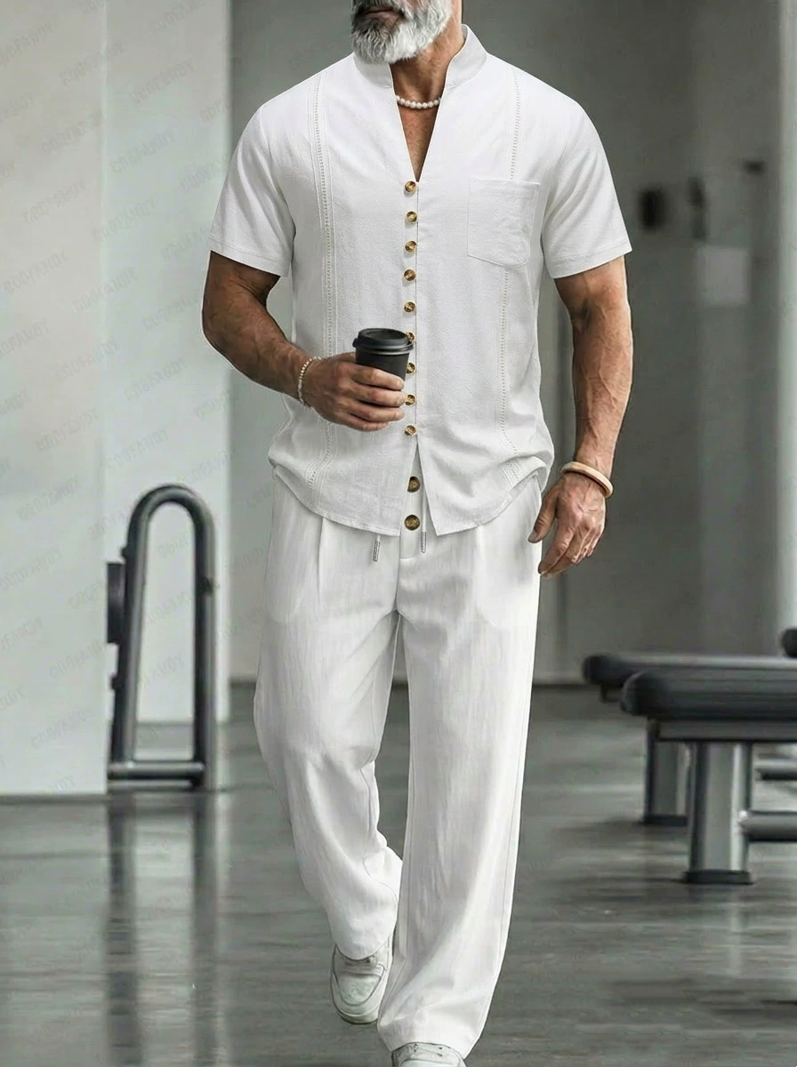 Men's Casual Linen Shirt And Pants Two-Piece Set