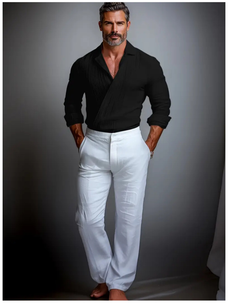 Men's Textured Crossover V-Neck Long Sleeve Pullover Shirt