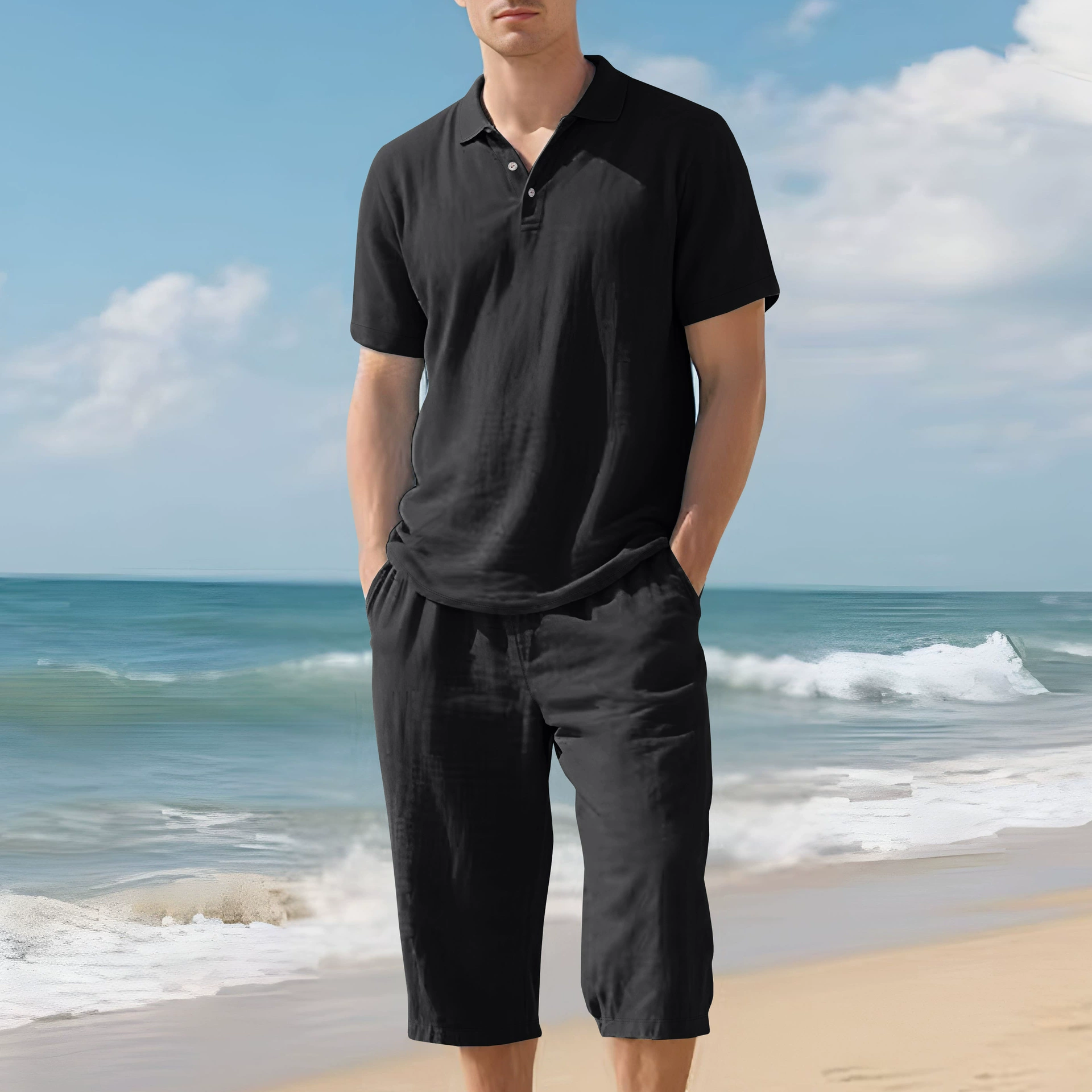 Men's Loose Linen Polo Shirt & 7/8 Pants Casual Set