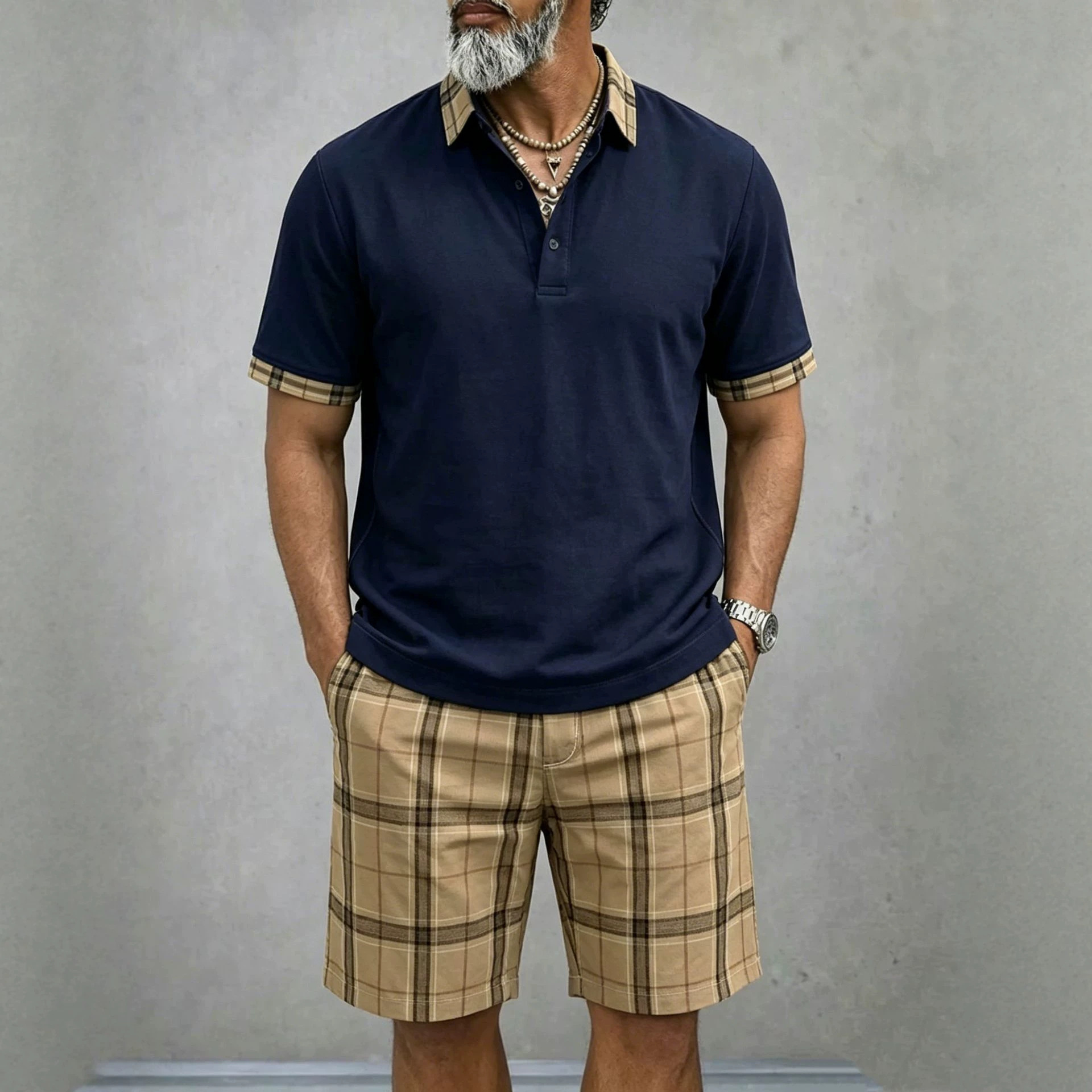 Men's Lightweight Vintage-Style Short-Sleeved Polo Shirt And Shorts Two-Piece Set