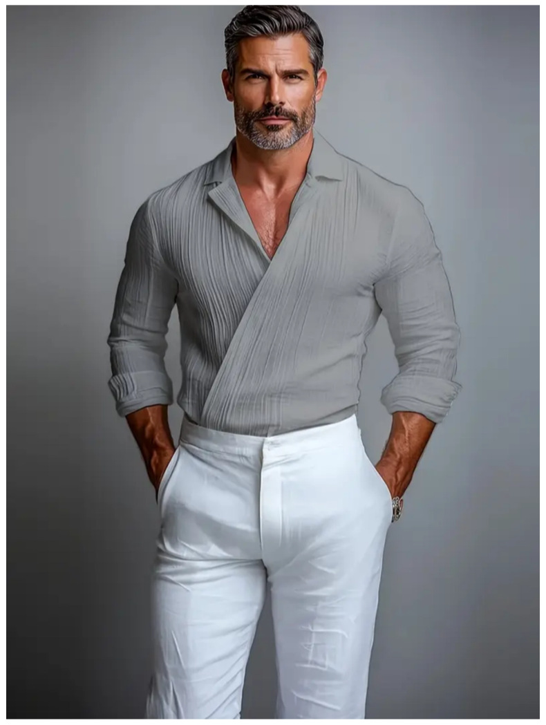 Men's Textured Crossover V-Neck Long Sleeve Pullover Shirt