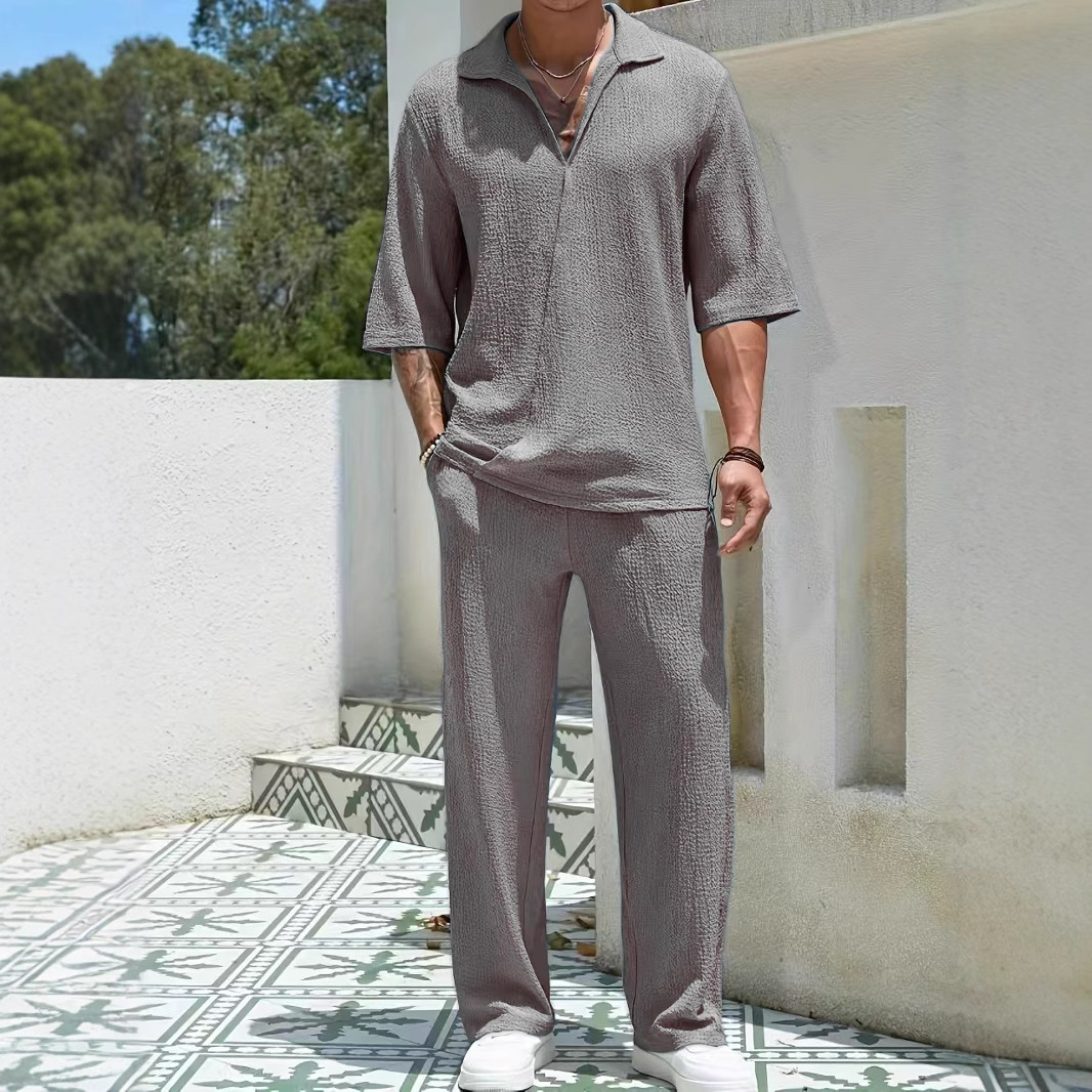 Men's Casual Short-Sleeve Shirt and Trousers Solid Color Two-Piece Set