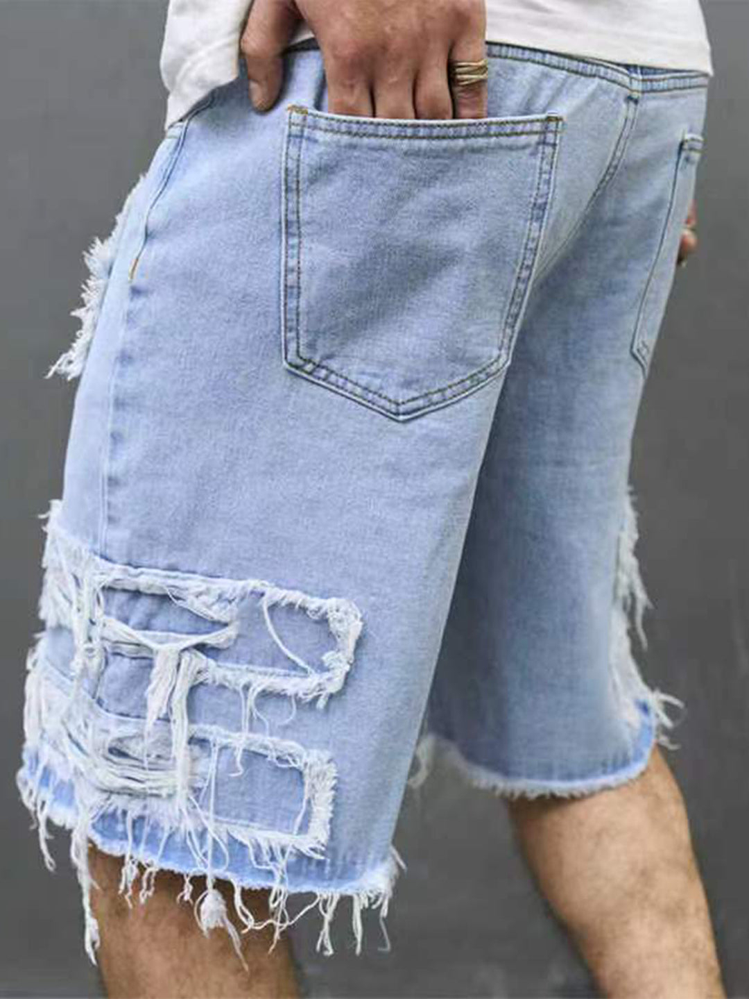 Men's Frayed Patch Ripped Denim Shorts, Raw Hem Distressed Knee Length Jean Shorts