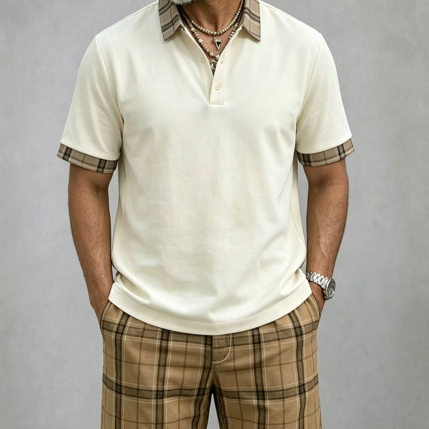 Men's Lightweight Vintage-Style Short-Sleeved Polo Shirt And Shorts Two-Piece Set