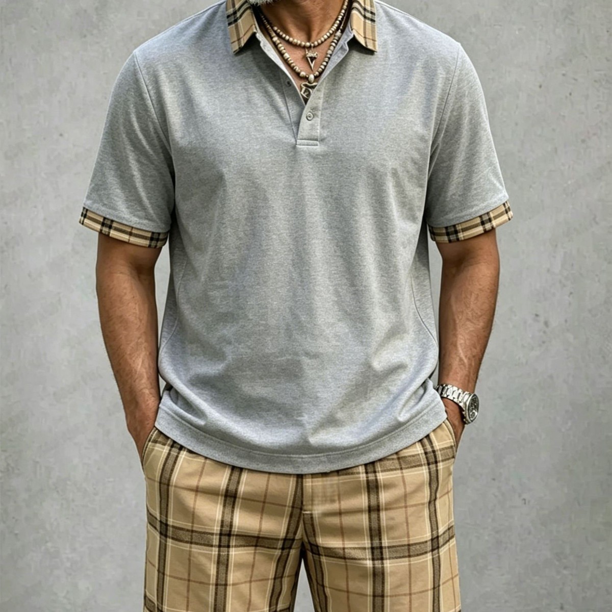 Men's Lightweight Vintage-Style Short-Sleeved Polo Shirt And Shorts Two-Piece Set