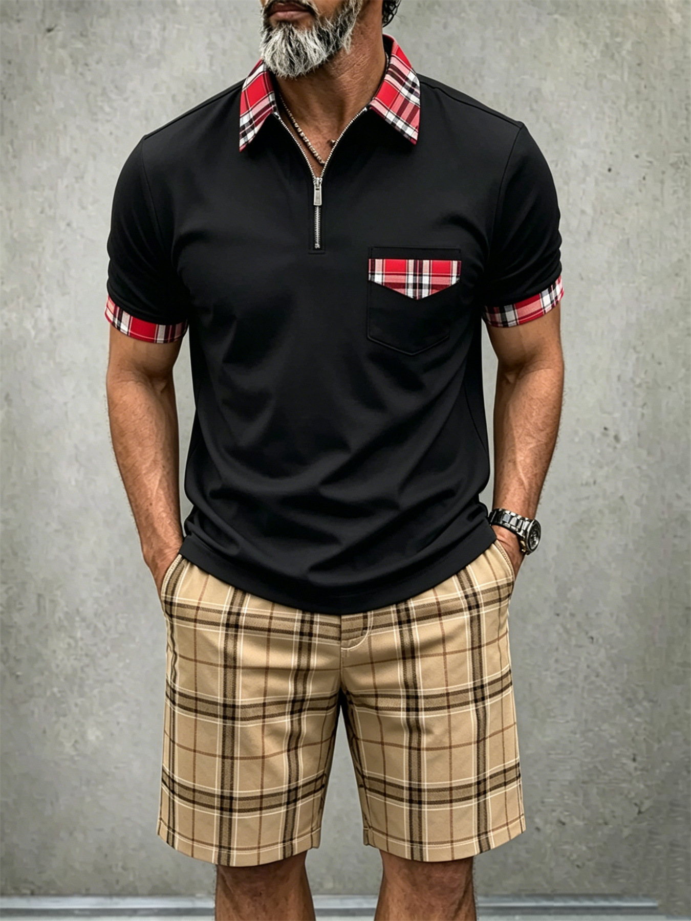 Men's Lightweight Vintage-Style Short-Sleeved Polo Shirt And Shorts Two-Piece Set