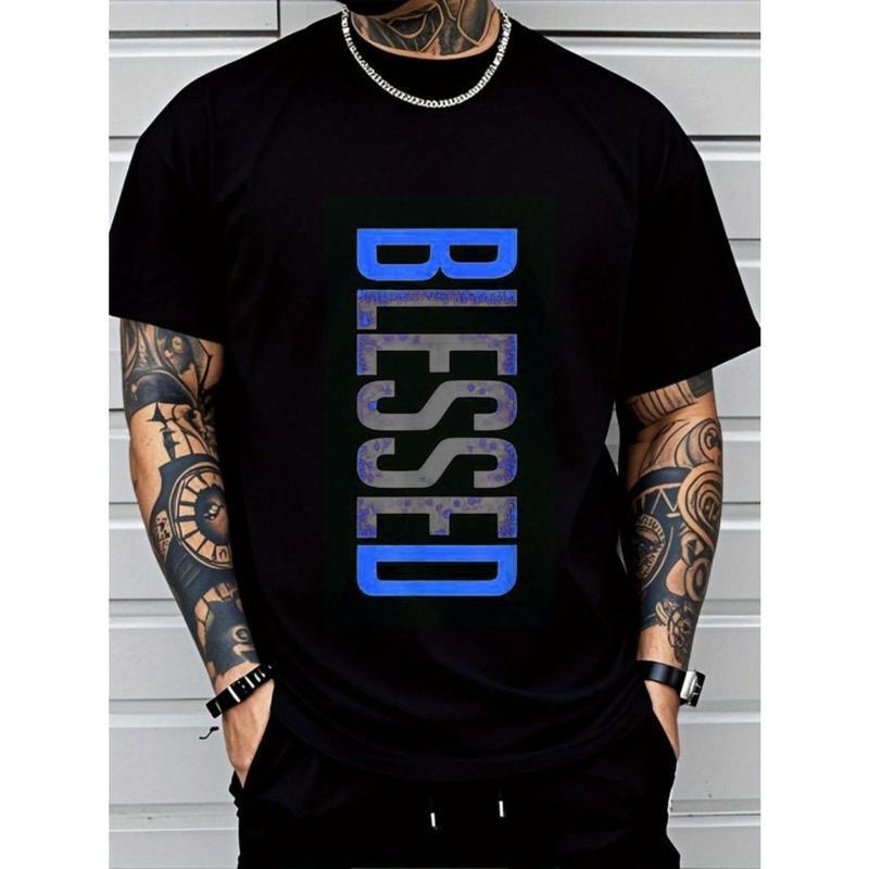 Men's  Cotton "BLESSED" Graphic T-Shirt, Casual Streetwear Tee