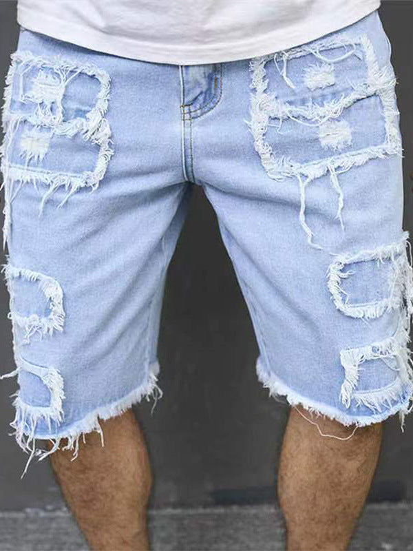 Men's Frayed Patch Ripped Denim Shorts, Raw Hem Distressed Knee Length Jean Shorts