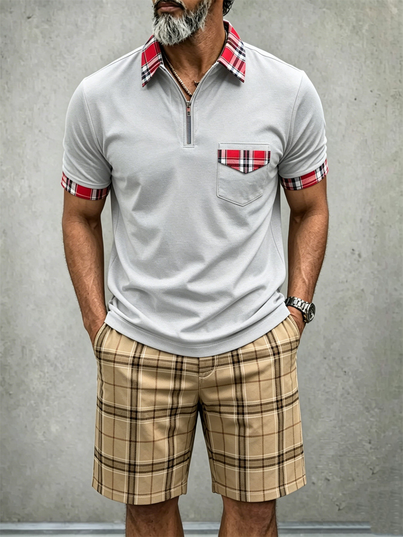 Men's Lightweight Vintage-Style Short-Sleeved Polo Shirt And Shorts Two-Piece Set
