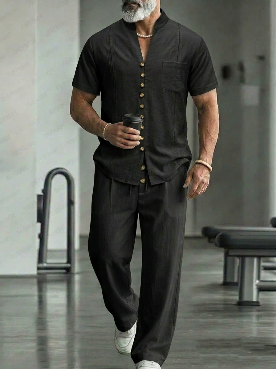 Men's Casual Linen Shirt And Pants Two-Piece Set