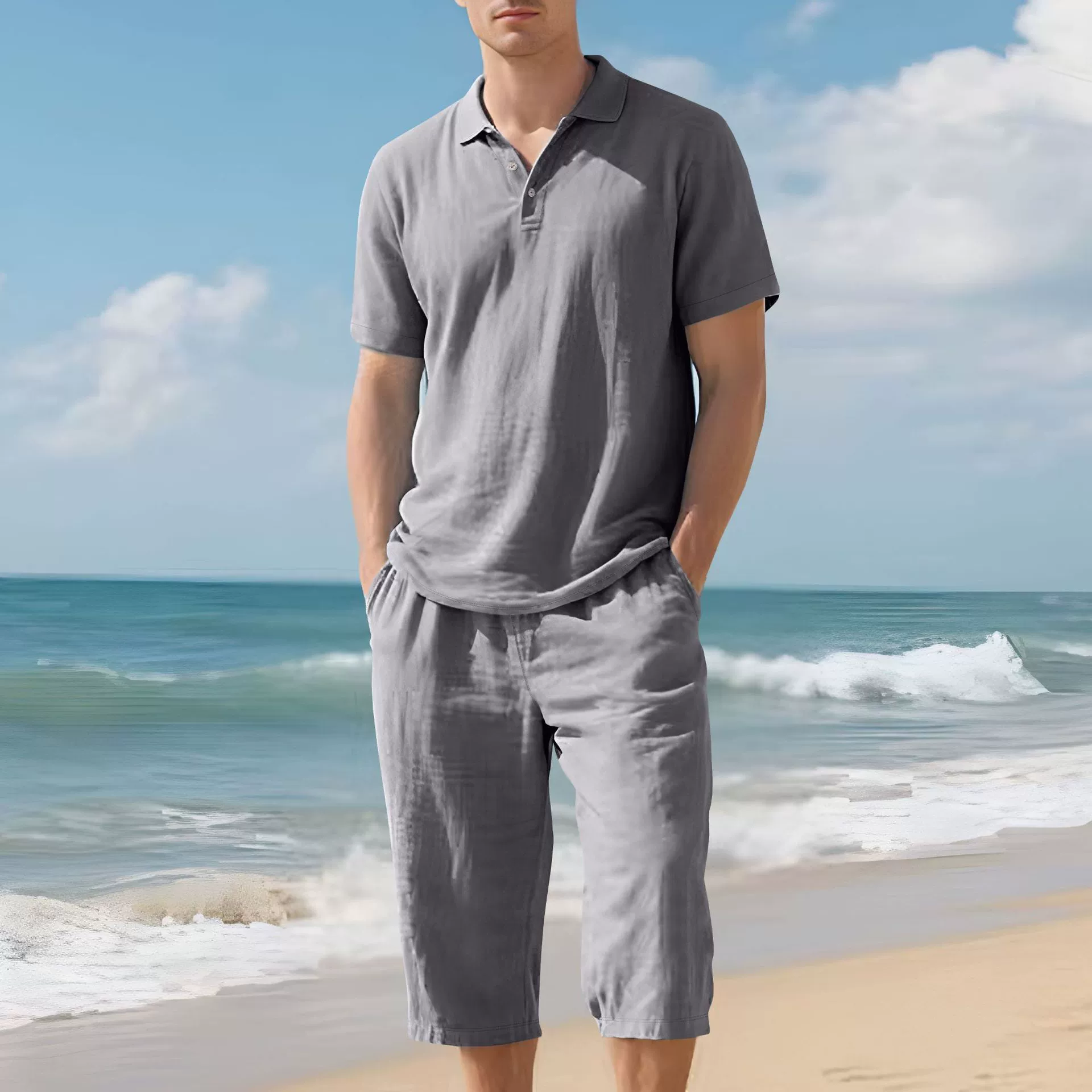 Men's Loose Linen Polo Shirt & 7/8 Pants Casual Set