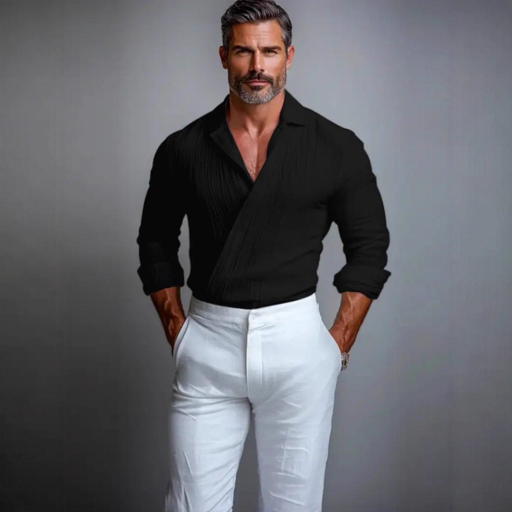 Men's Textured Crossover V-Neck Long Sleeve Pullover Shirt