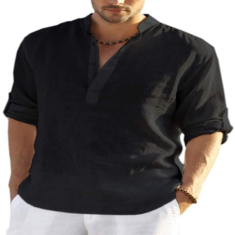 Men's Cotton-Linen Blend Henley Shirt, Casual Roll-Up Long Sleeve V-Neck Top