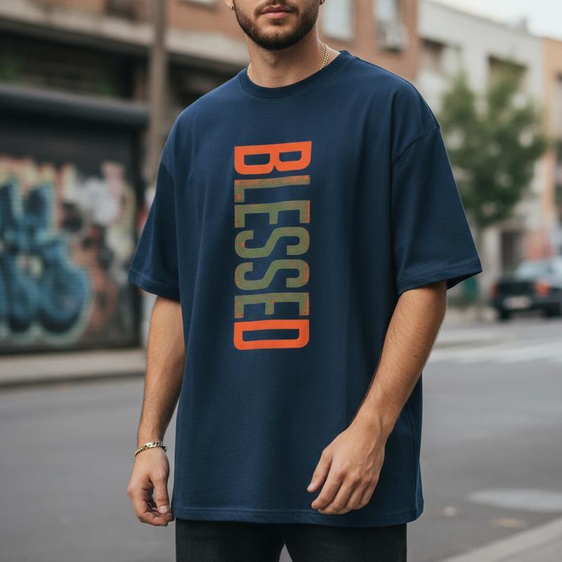 Men's  Cotton "BLESSED" Graphic T-Shirt, Casual Streetwear Tee