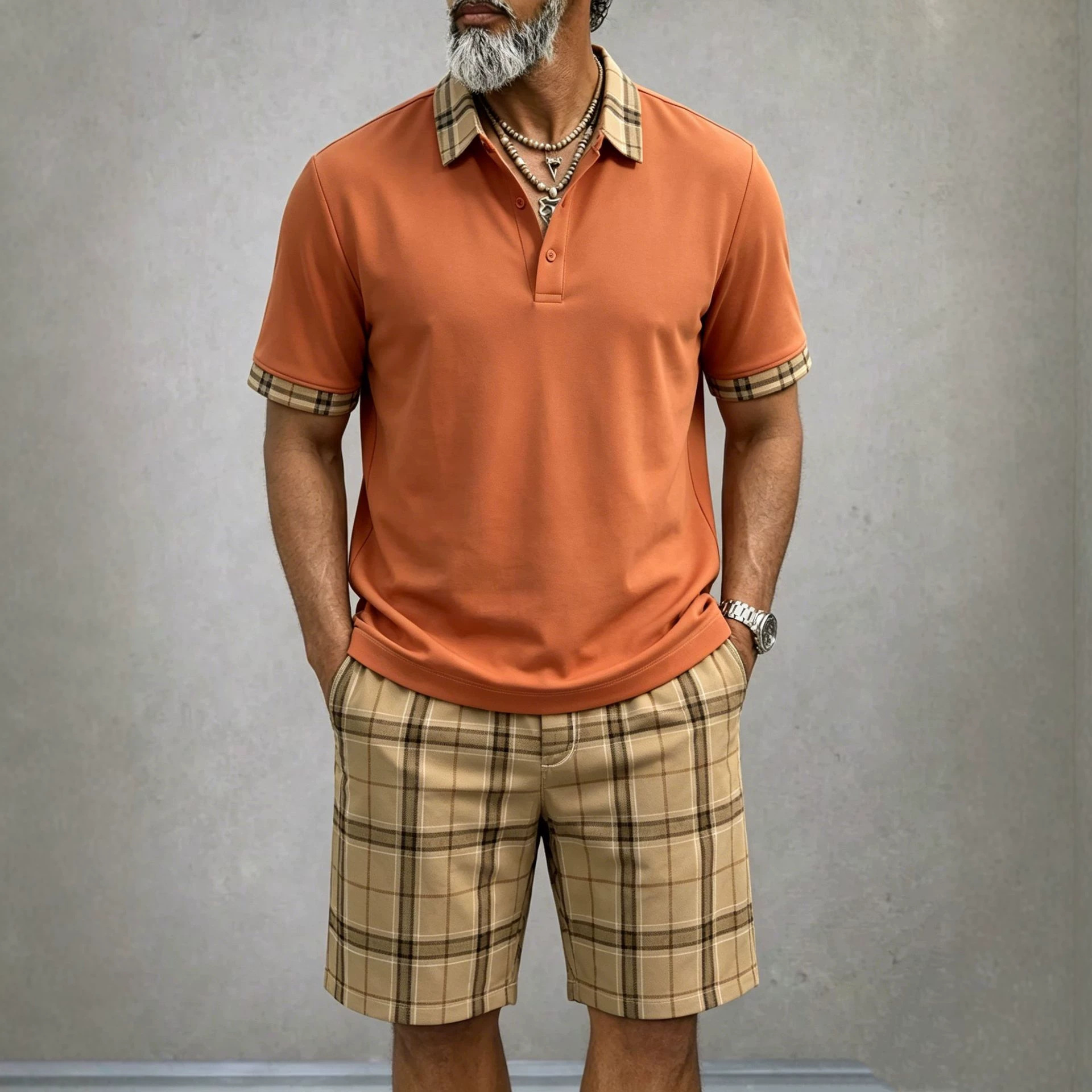 Men's Lightweight Vintage-Style Short-Sleeved Polo Shirt And Shorts Two-Piece Set