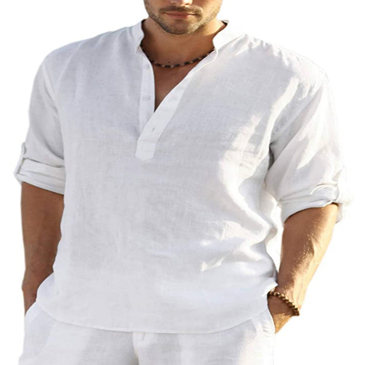 Men's Cotton-Linen Blend Henley Shirt, Casual Roll-Up Long Sleeve V-Neck Top