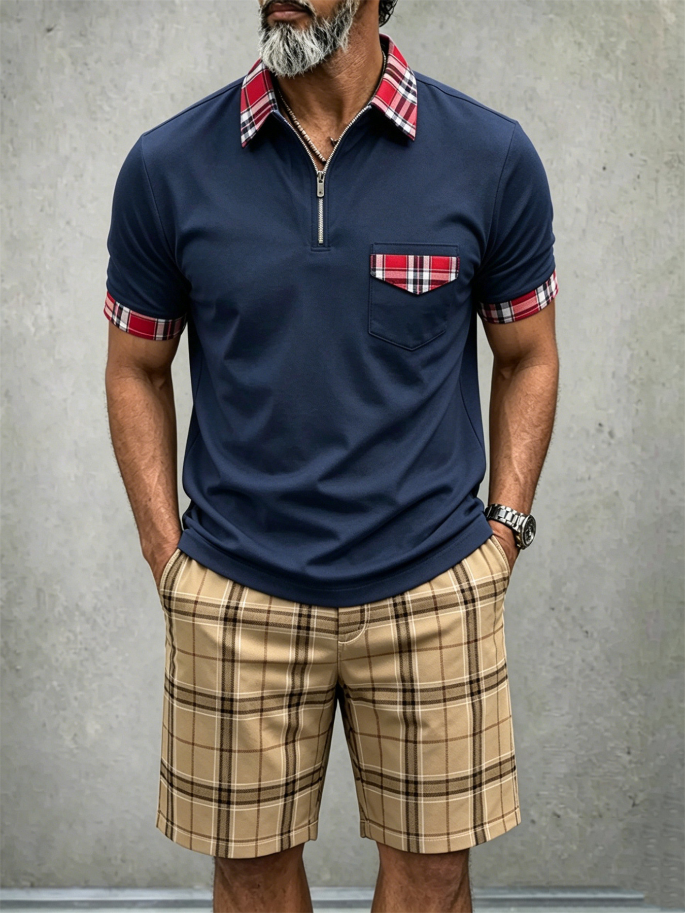 Men's Lightweight Vintage-Style Short-Sleeved Polo Shirt And Shorts Two-Piece Set