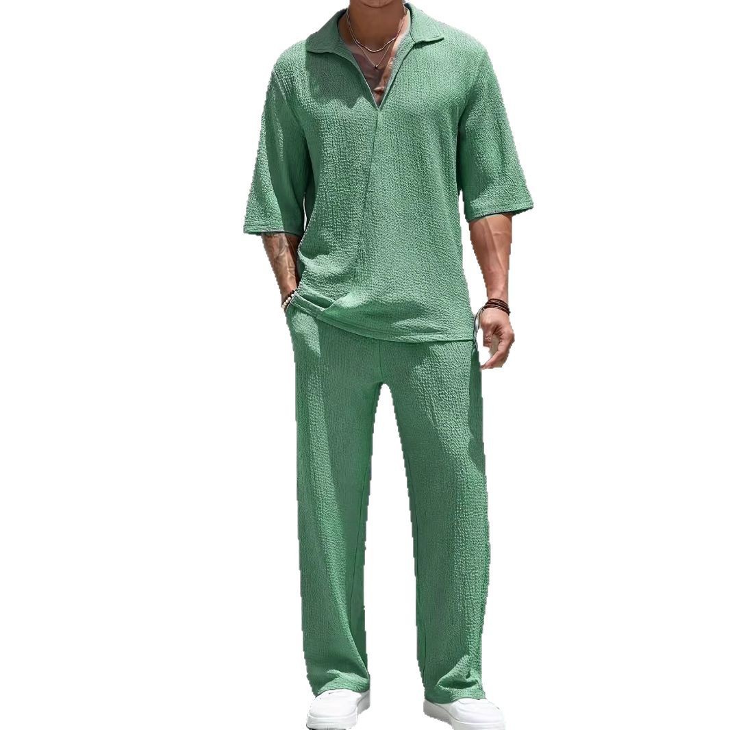 Men's Casual Short-Sleeve Shirt and Trousers Solid Color Two-Piece Set