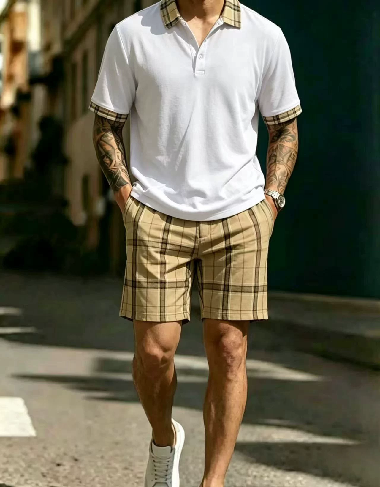 Men's Lightweight Vintage-Style Short-Sleeved Polo Shirt And Shorts Two-Piece Set