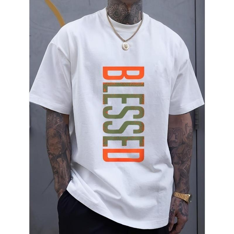 Men's  Cotton "BLESSED" Graphic T-Shirt, Casual Streetwear Tee