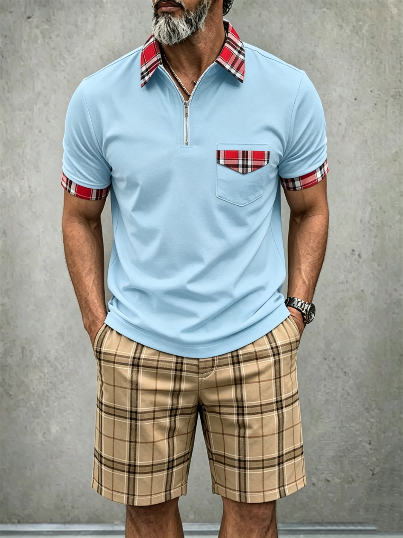 Men's Lightweight Vintage-Style Short-Sleeved Polo Shirt And Shorts Two-Piece Set