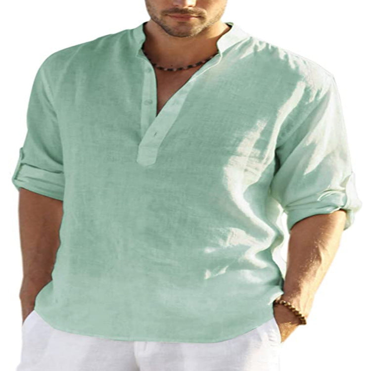 Men's Cotton-Linen Blend Henley Shirt, Casual Roll-Up Long Sleeve V-Neck Top