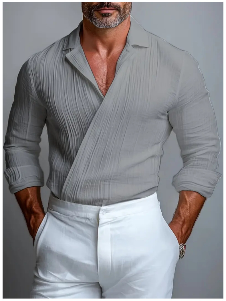 Men's Textured Crossover V-Neck Long Sleeve Pullover Shirt