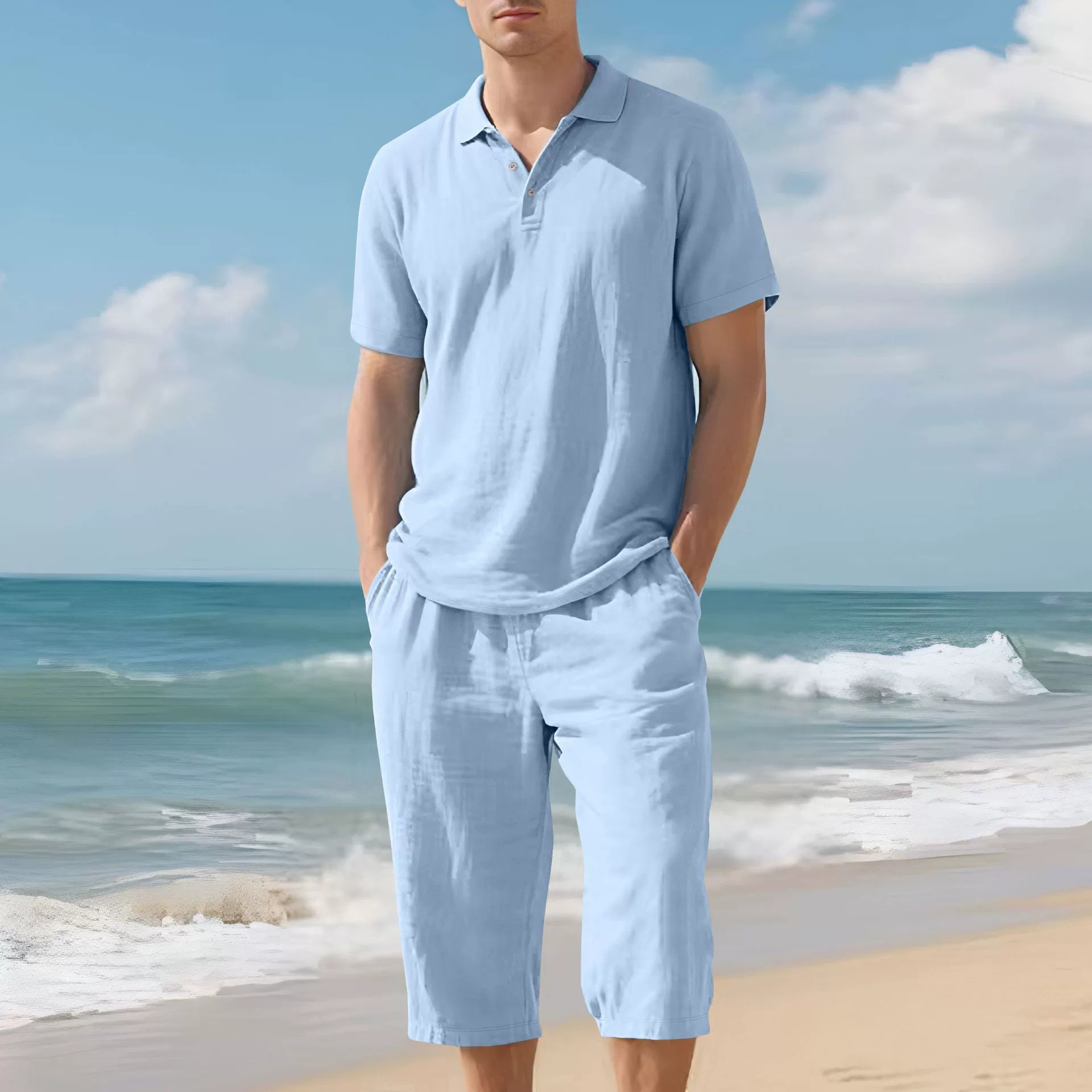 Men's Loose Linen Polo Shirt & 7/8 Pants Casual Set