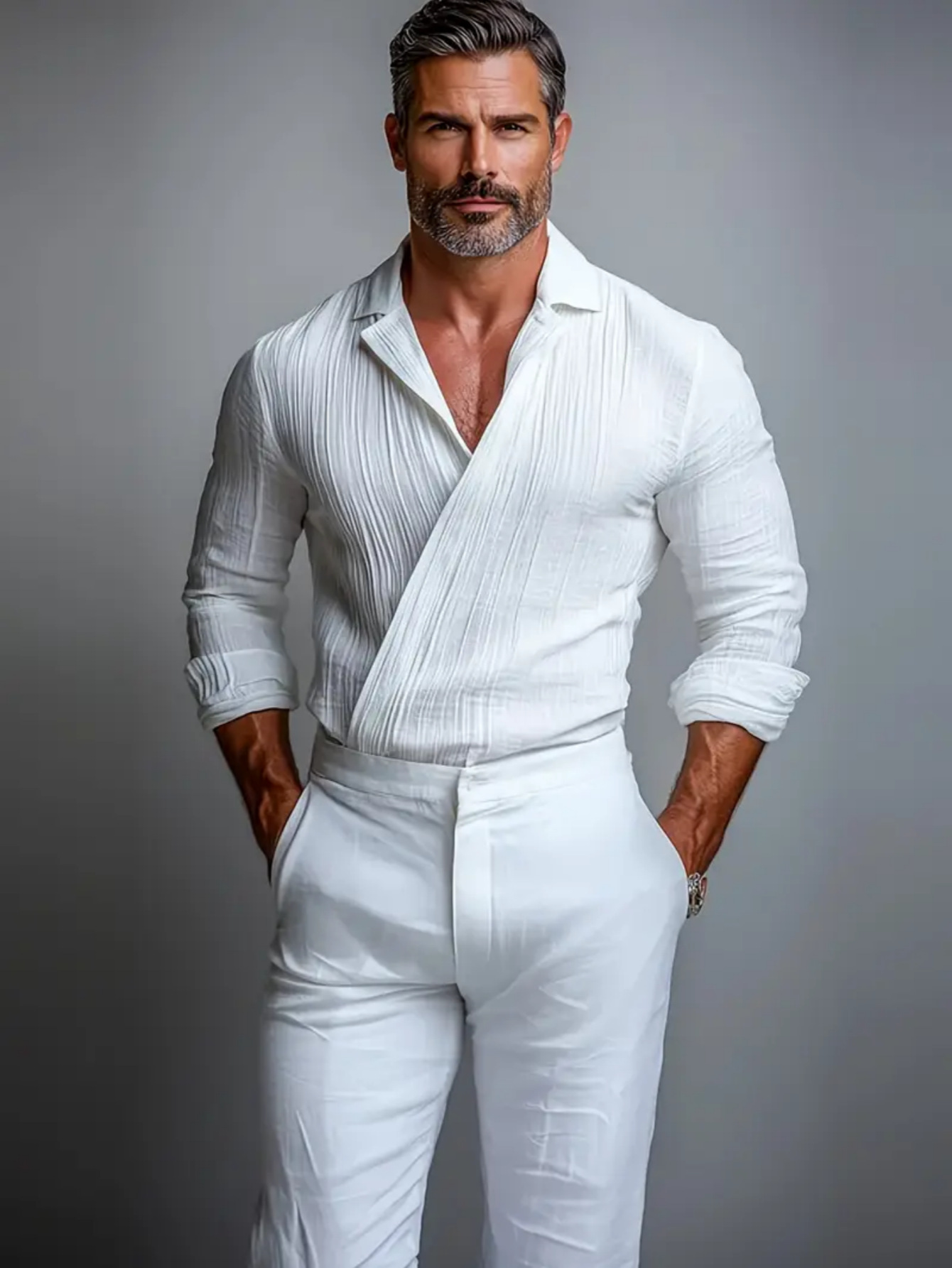 Men's Textured Crossover V-Neck Long Sleeve Pullover Shirt