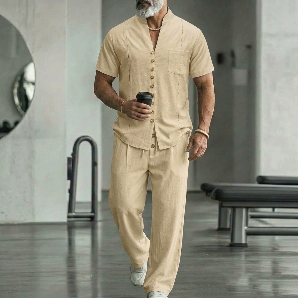 Men's Casual Linen Shirt And Pants Two-Piece Set