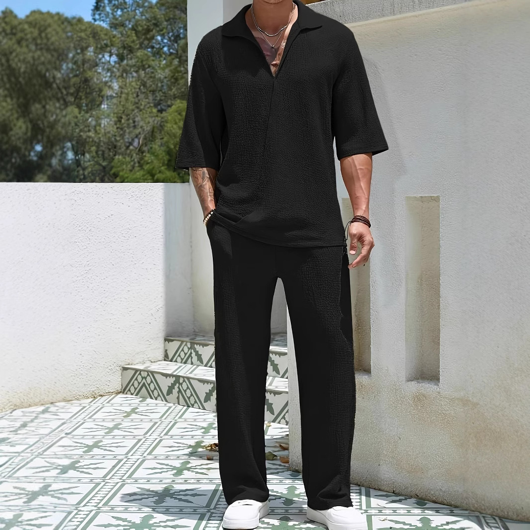 Men's Casual Short-Sleeve Shirt and Trousers Solid Color Two-Piece Set
