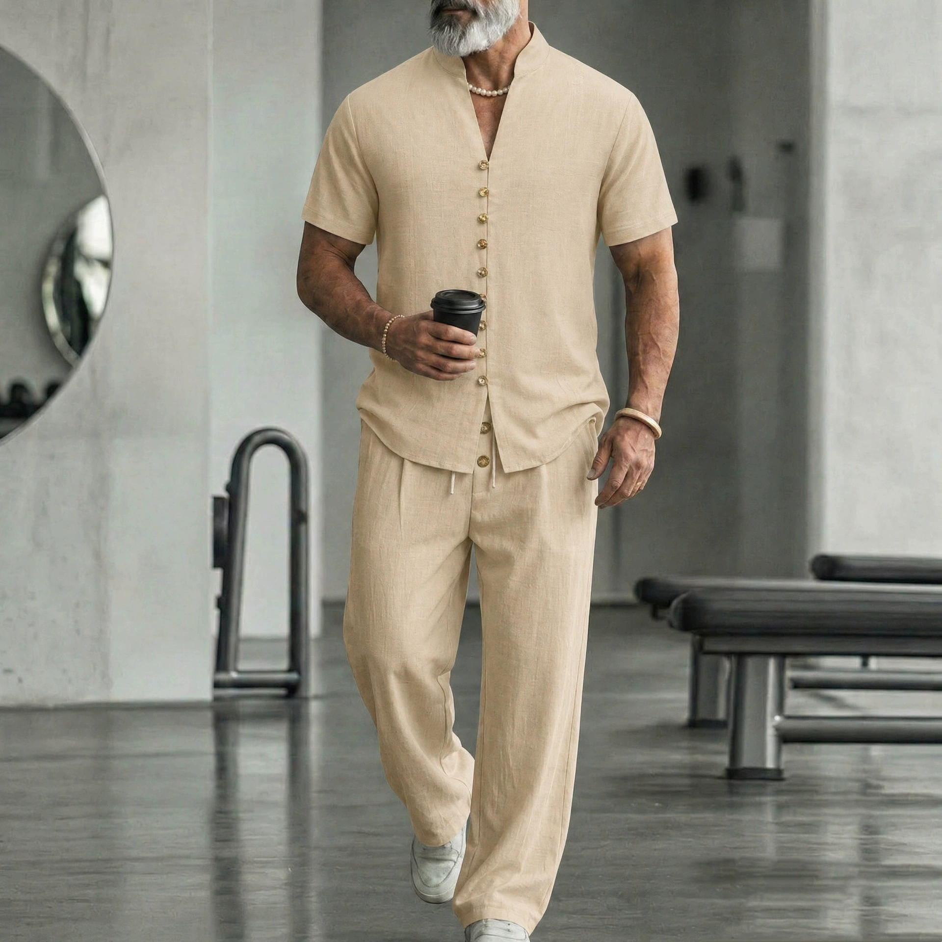 Men's Casual Linen Shirt And Pants Two-Piece Set