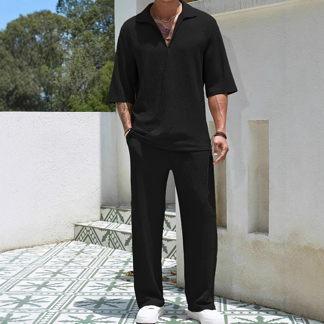 Men's Casual Short-Sleeve Shirt and Trousers Solid Color Two-Piece Set