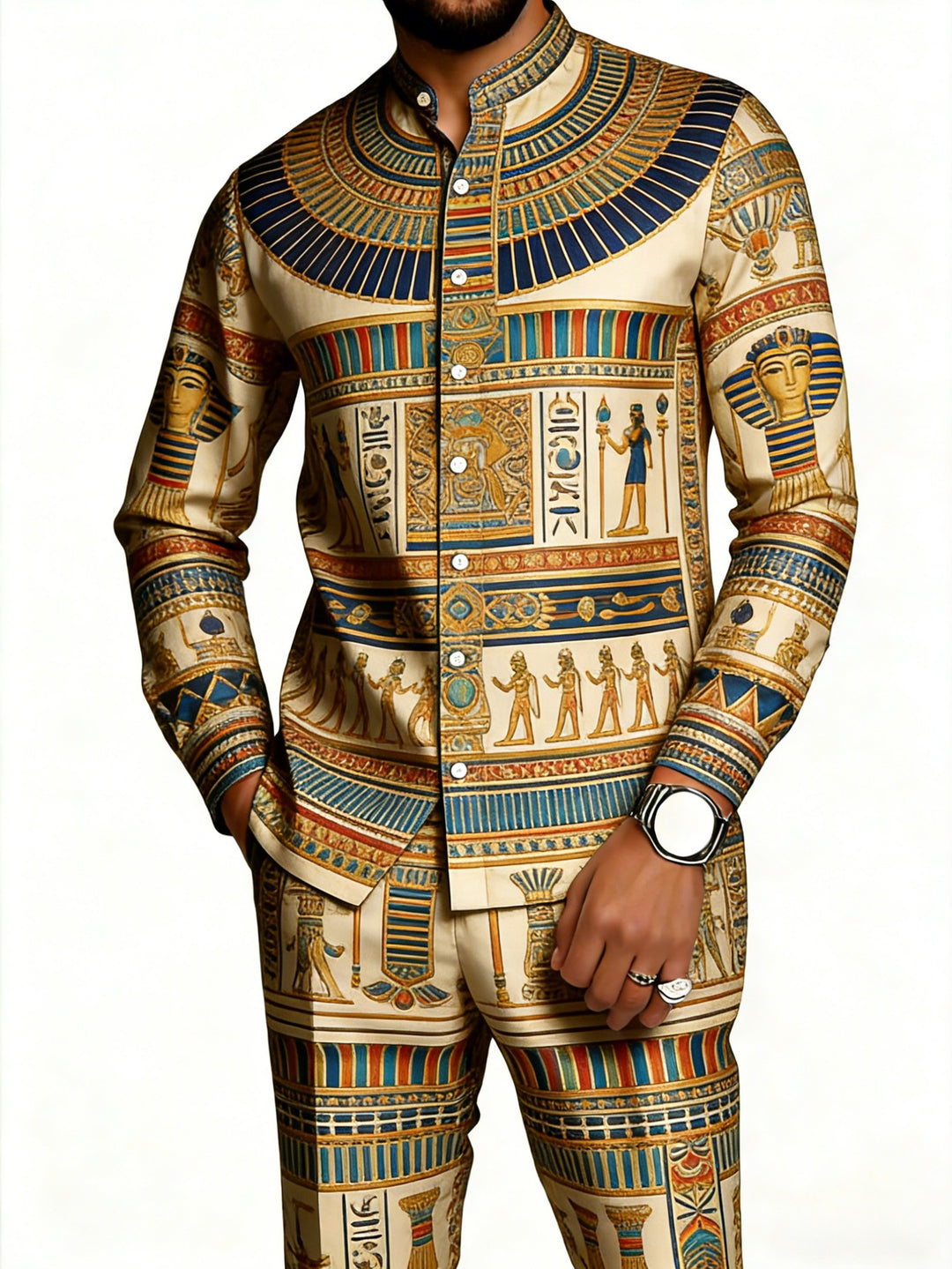Men's Ancient Egyptian Hieroglyph Print 2-Piece Set | Vintage Pharaoh Graphic Button Down Shirt & Pants, Museum-Worthy Casual Outfit
