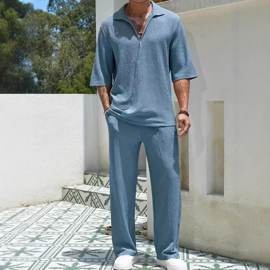 Men's Casual Short-Sleeve Shirt and Trousers Solid Color Two-Piece Set