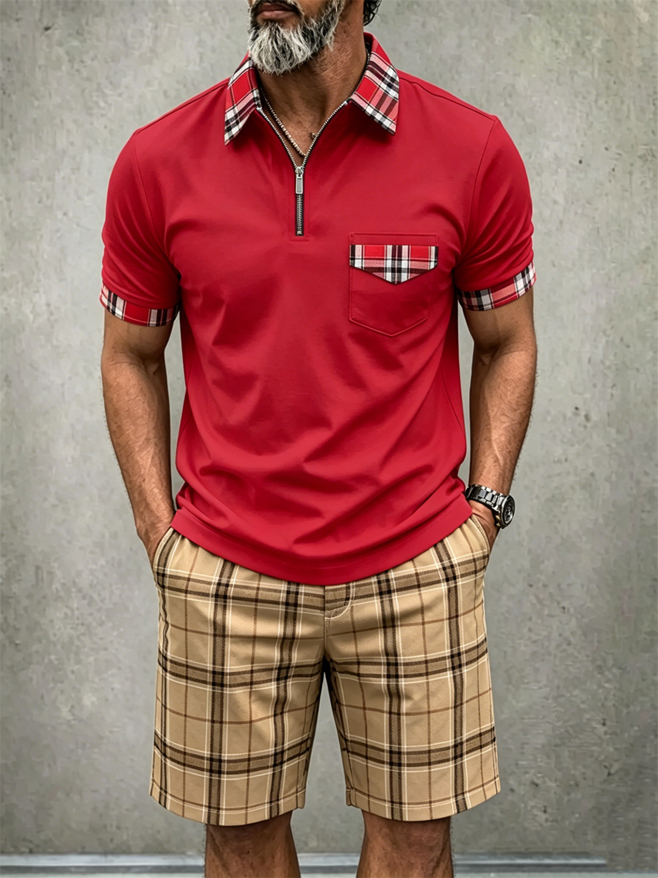 Men's Lightweight Vintage-Style Short-Sleeved Polo Shirt And Shorts Two-Piece Set