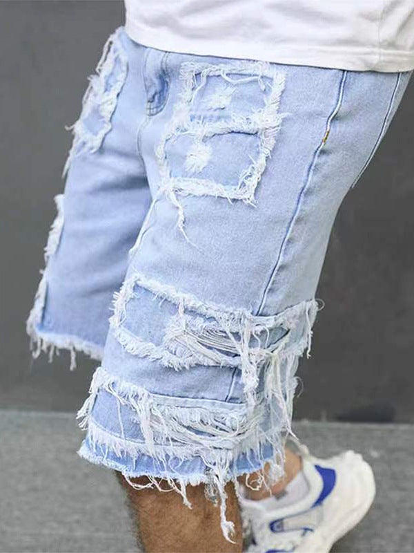 Men's Frayed Patch Ripped Denim Shorts, Raw Hem Distressed Knee Length Jean Shorts