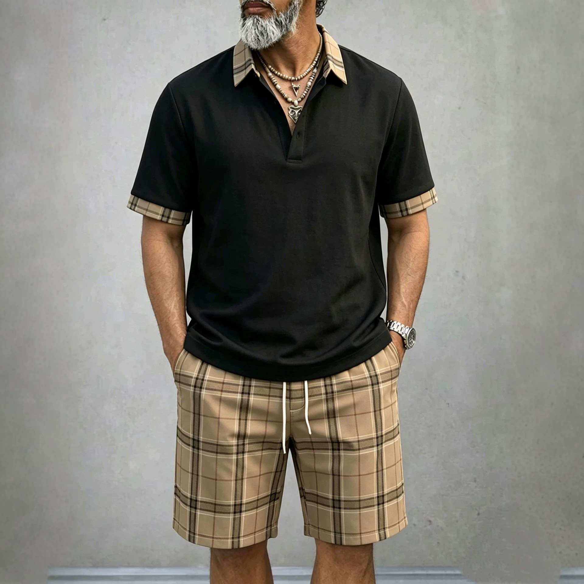 Men's Lightweight Vintage-Style Short-Sleeved Polo Shirt And Shorts Two-Piece Set