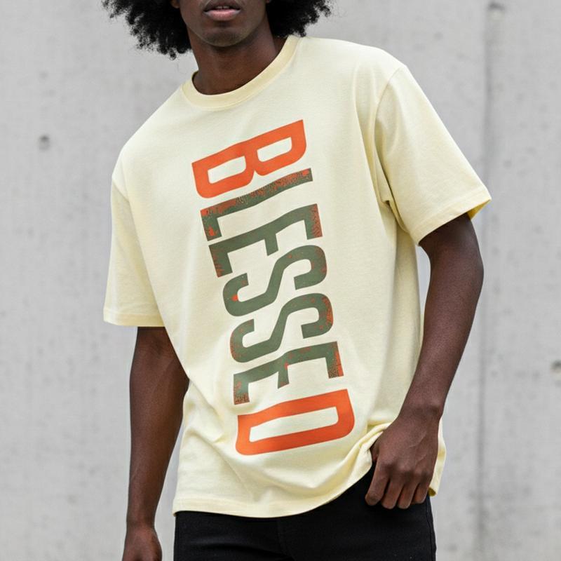 Men's  Cotton "BLESSED" Graphic T-Shirt, Casual Streetwear Tee