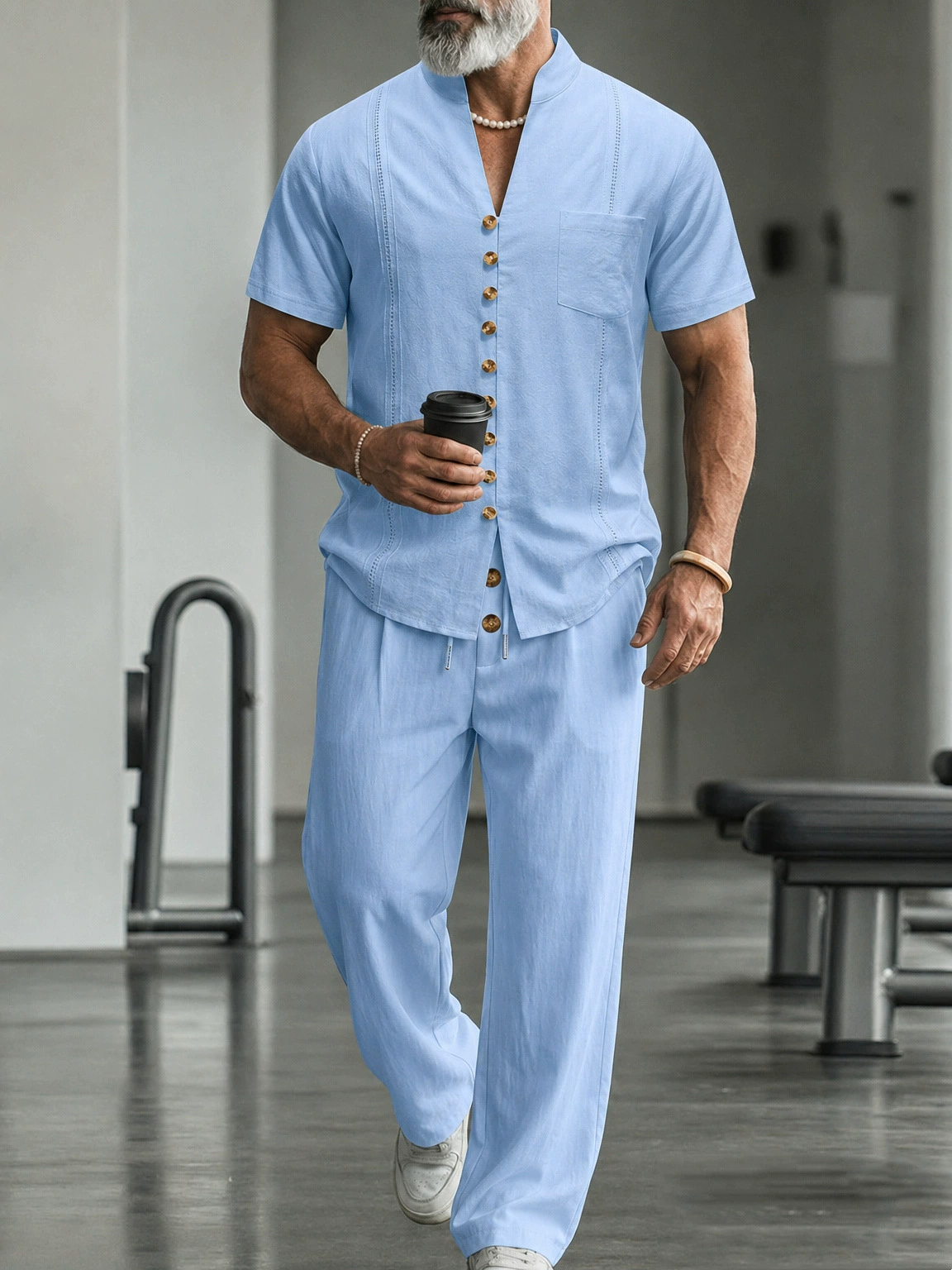Men's Casual Linen Shirt And Pants Two-Piece Set