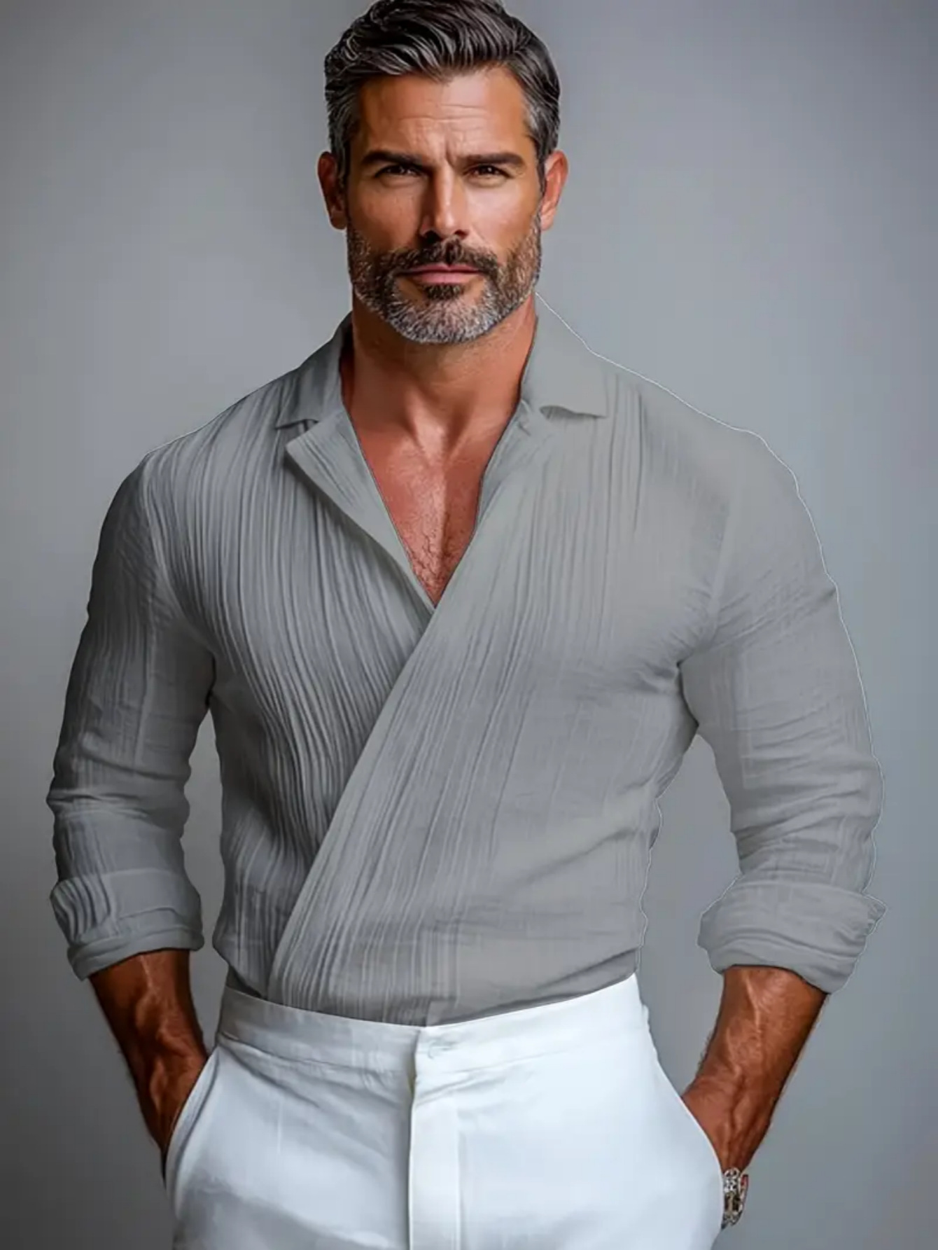 Men's Textured Crossover V-Neck Long Sleeve Pullover Shirt