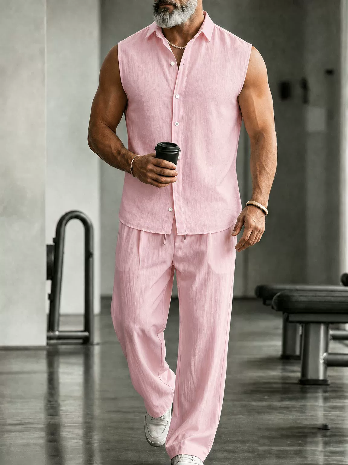 Men's Casual Linen Sleeveless Shirt And Pants Two-Piece Set