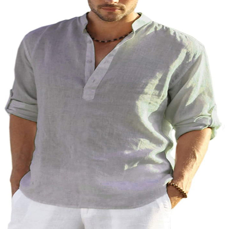 Men's Cotton-Linen Blend Henley Shirt, Casual Roll-Up Long Sleeve V-Neck Top