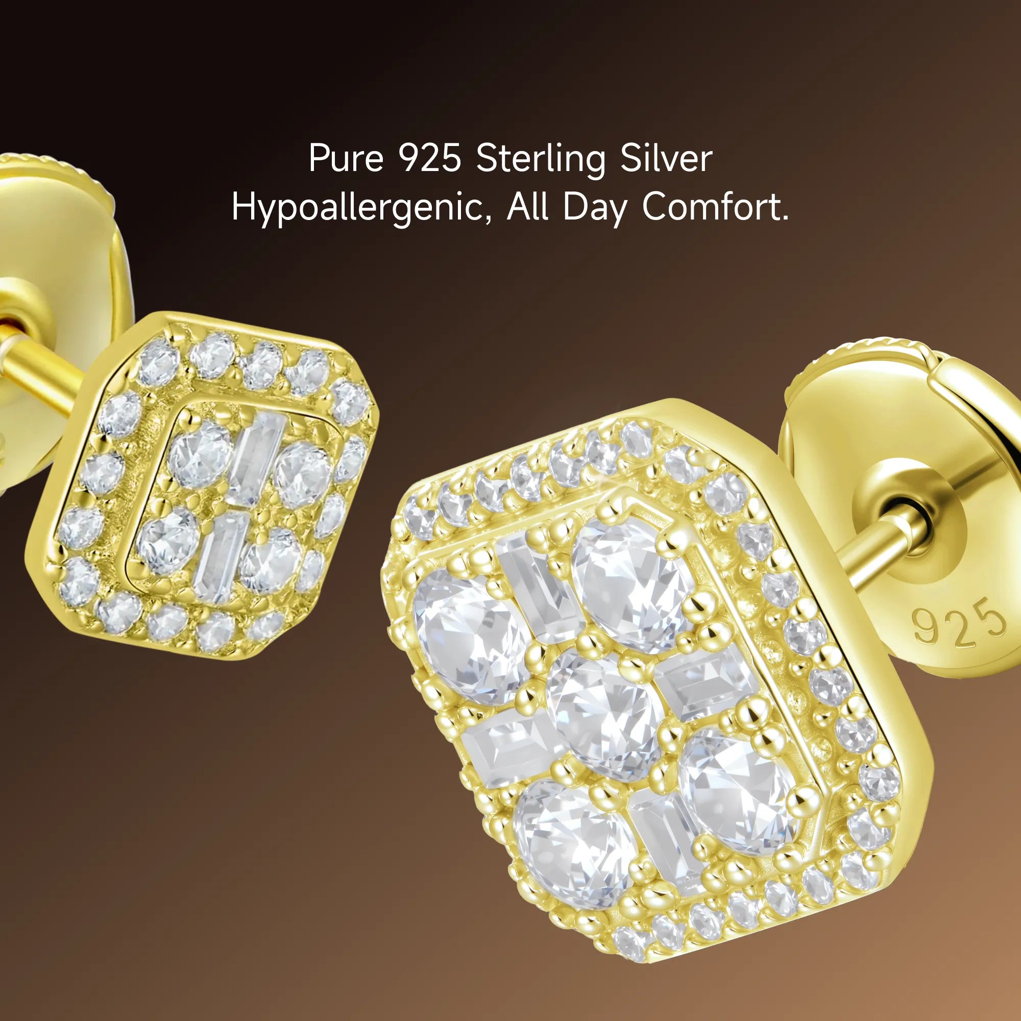 S925 Octagon Baguette Mix Halo Stud Earrings - Pair