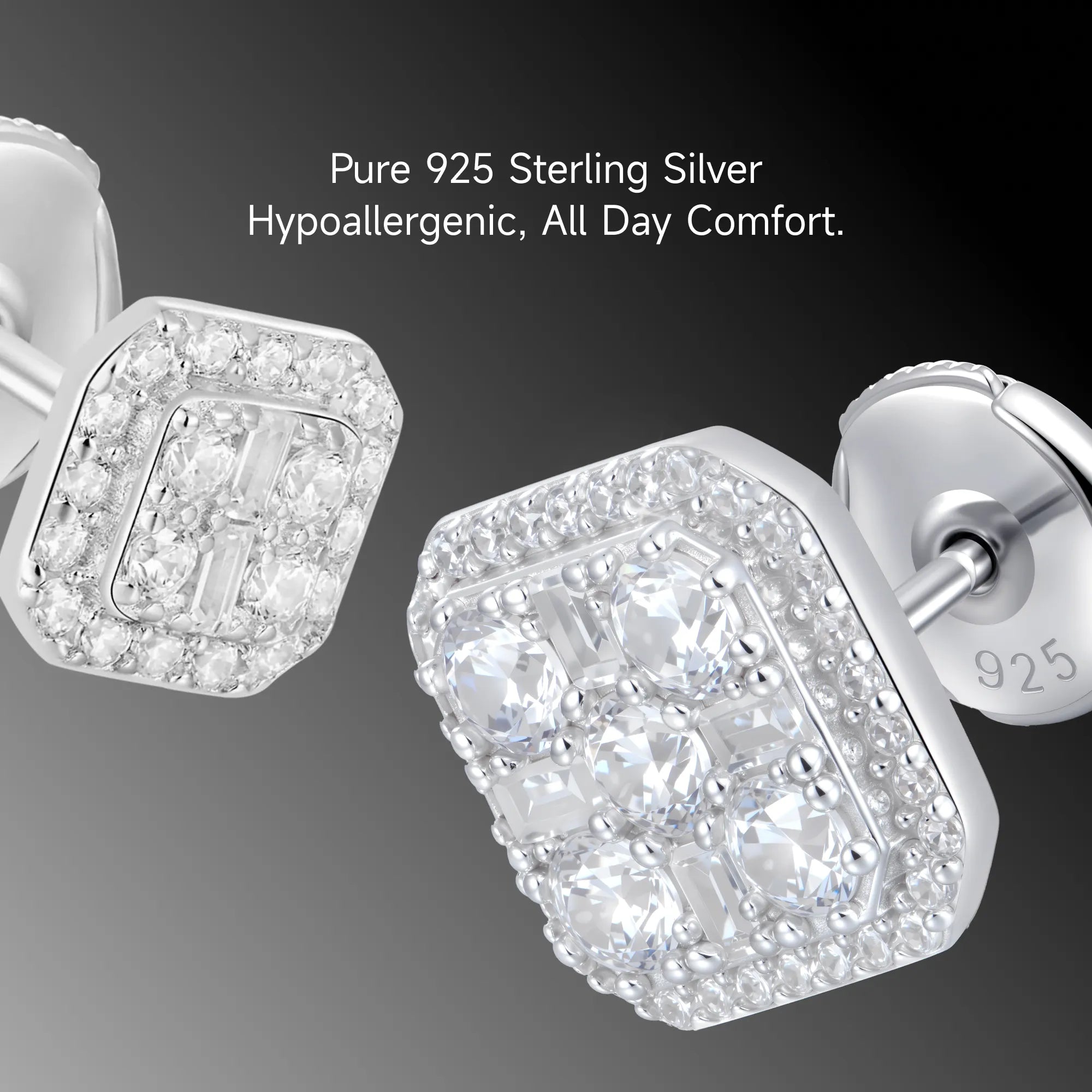 S925 Octagon Baguette Mix Halo Stud Earrings - Pair