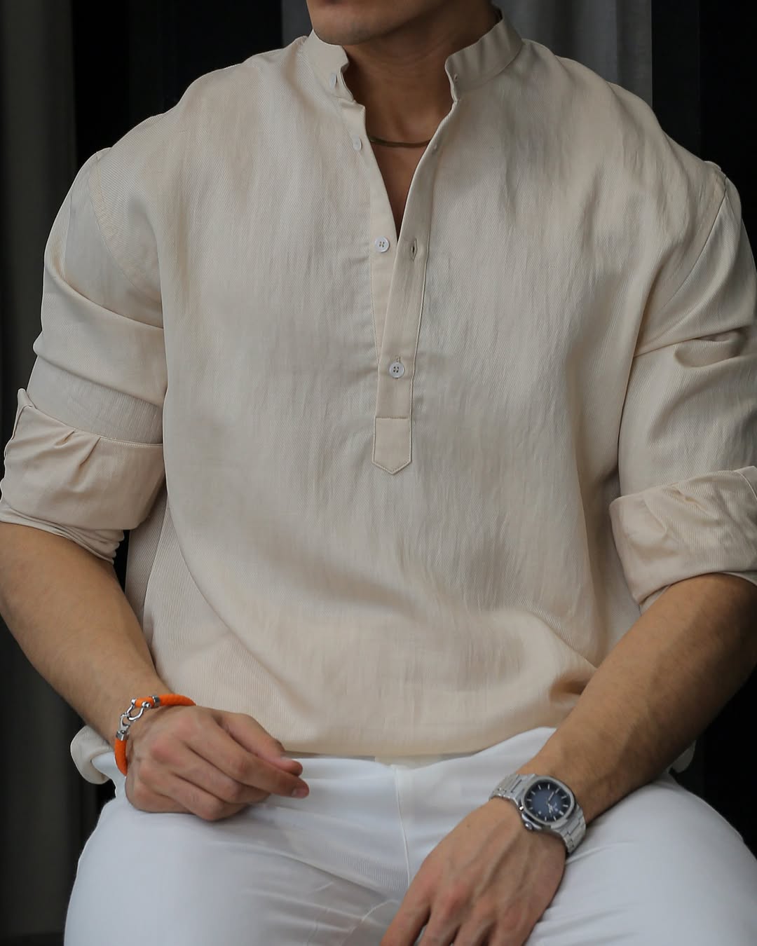 Men's Textured Band Collar Half Placket Long Sleeve Pullover Shirt