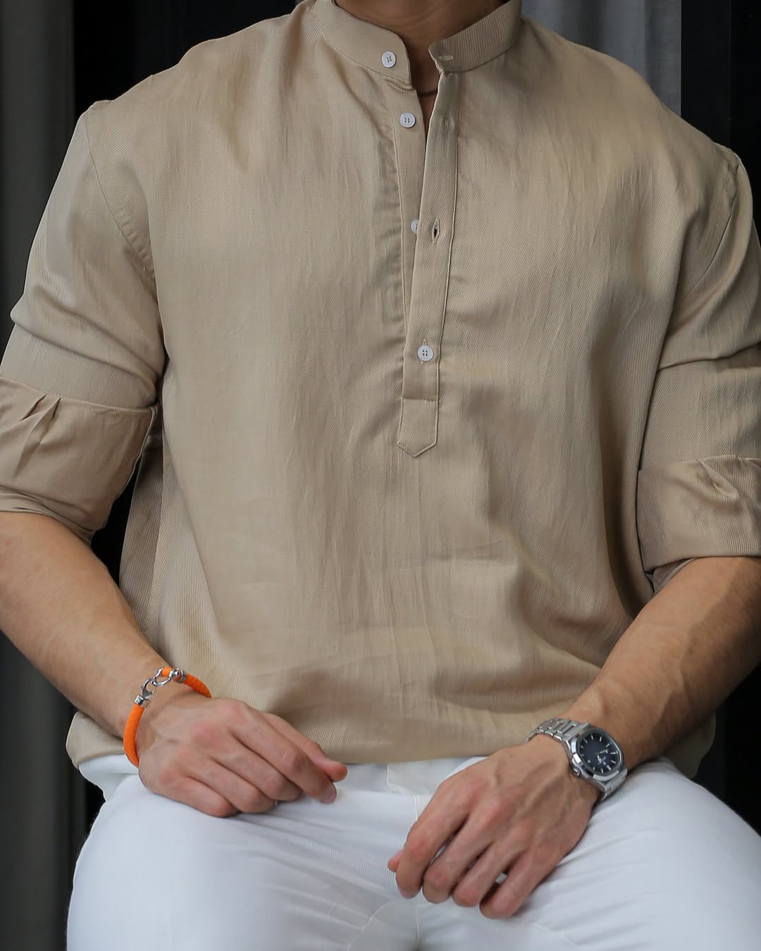 Men's Textured Band Collar Half Placket Long Sleeve Pullover Shirt